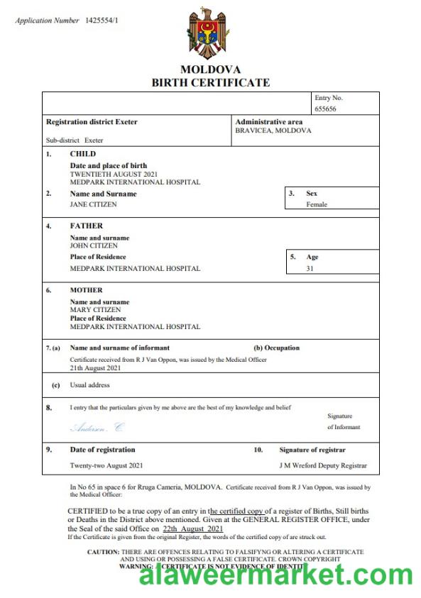 Moldova birth certificate Word and PDF template
